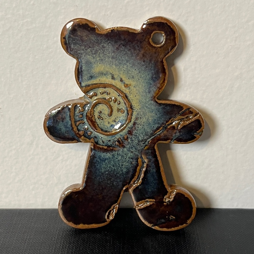Handmade Stoneware Blue & Brown Glazed Swirl Design Teddy Bear Ornament‎ Signed